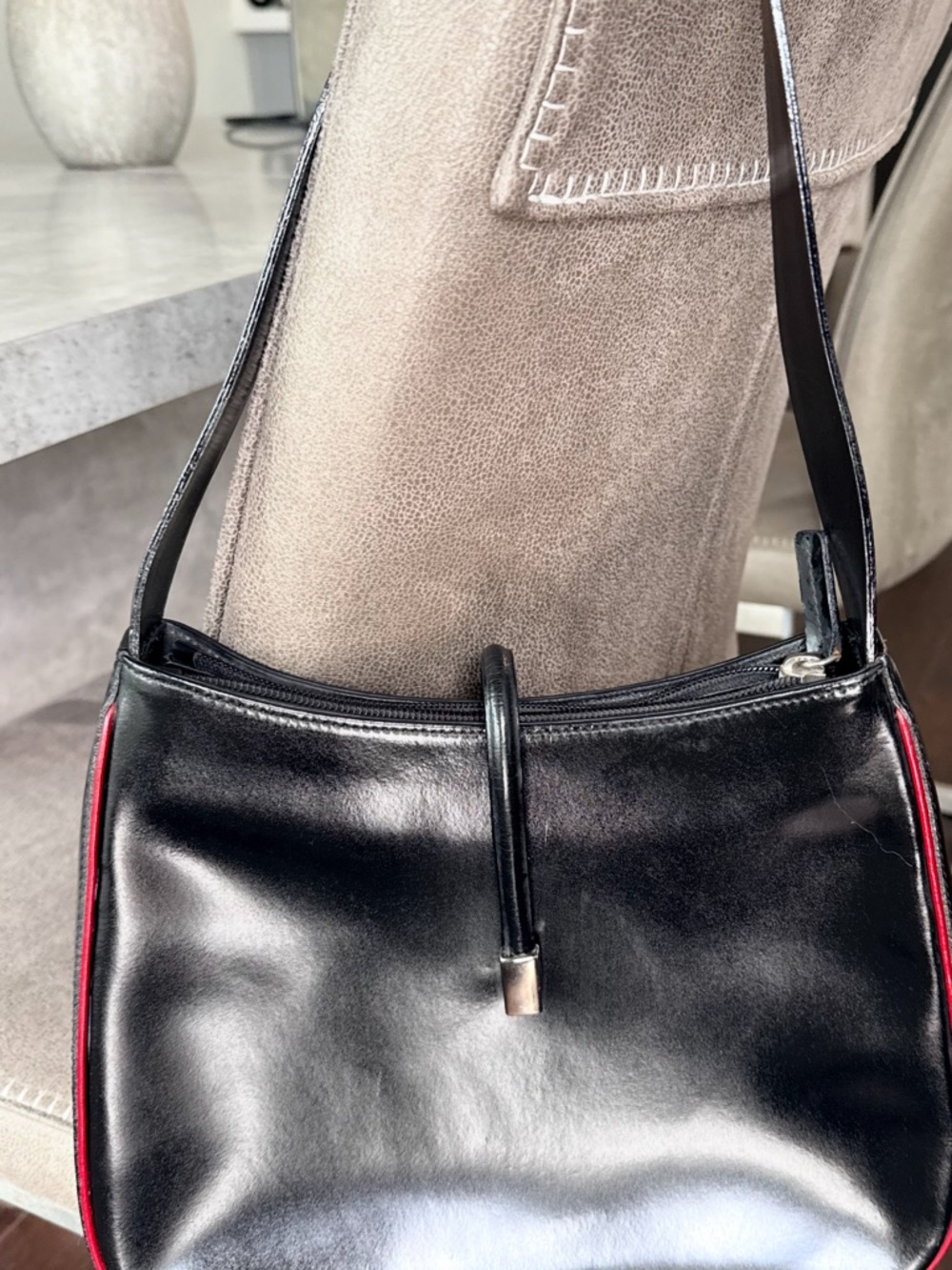 Black Shoulder Bag with Red Trim - Smooth Italian  Leather Finish RARE vintage